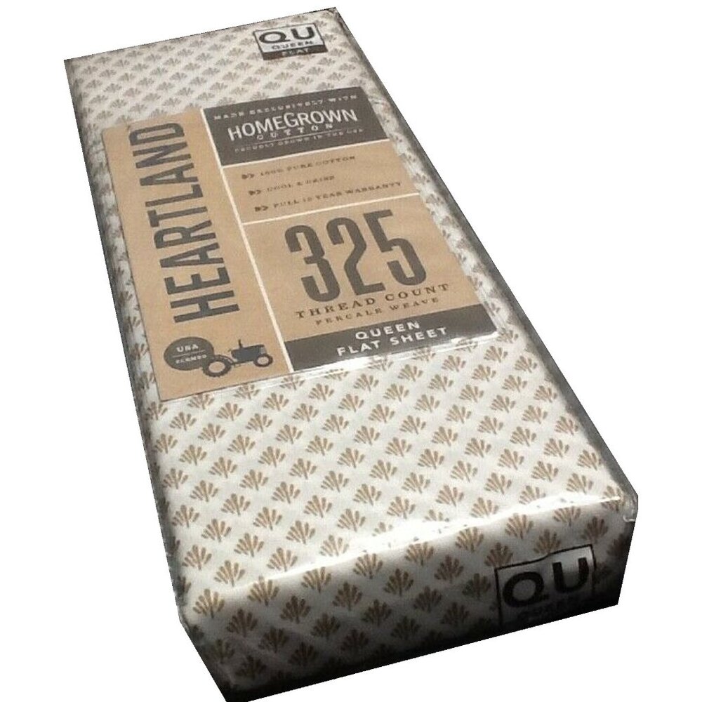 new GEO Brown & White Heartland 325 TC 100% Cotton Percale QUEEN Flat Sheet